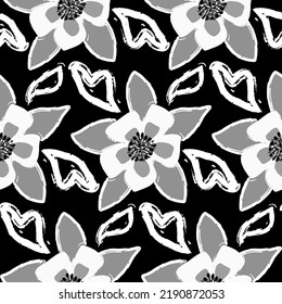 Abstract Hand Drawing Large Exotic Flowers and Leaves Sketch Seamless Vector Pattern Isolated Background
