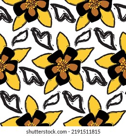 Abstract Hand Drawing Large Exotic Flowers and Leaves Sketch Seamless Vector Pattern Isolated Background
