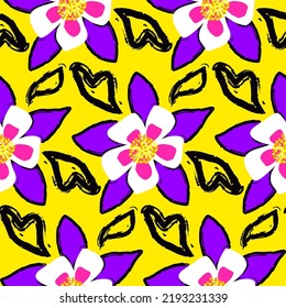 Abstract Hand Drawing Large Exotic Flowers and Leaves Sketch Seamless Vector Pattern Isolated Background