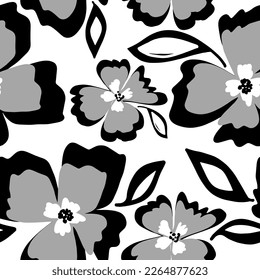 Abstract Hand Drawing Large Exotic Flowers and Leaves Sketch Seamless Vector Pattern Isolated Background