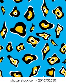 Abstract Hand Drawing Large Geometric Evil Eye Bead Shaped Leopard Skin Seamless Vector Pattern Isolated Turquoise Blue Background