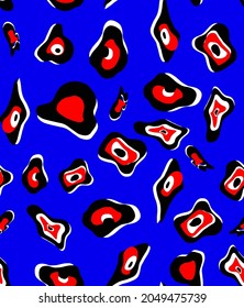 Abstract Hand Drawing Large Geometric Evil Eye Bead Shaped Leopard Skin Seamless Vector Pattern Isolated Royal Blue Background