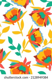 Abstract Hand Drawing Large Peony  Poppy Retro Flowers and Leaves Seamless Vector Pattern Isolated Background