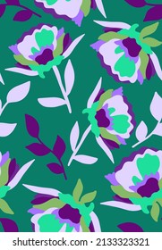 Abstract Hand Drawing Large Peony  Poppy Retro Flowers and Leaves Seamless Vector Pattern Isolated Background