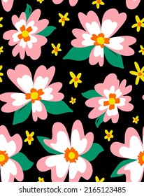Dibujo manual abstracto de grandes flores retro de adormidera y deja un patrón vectorial sin soldadura fondo aislado