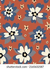 Abstract Hand Drawing Large Peony  Poppy Retro Flowers and Leaves Seamless Vector Pattern Isolated Background