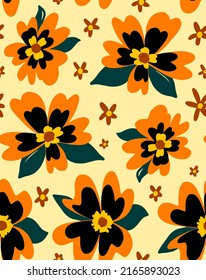 Abstract Hand Drawing Large Peony  Poppy Retro Flowers and Leaves Seamless Vector Pattern Isolated Background
