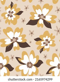 Abstract Hand Drawing Large Peony  Poppy Retro Flowers and Leaves Seamless Vector Pattern Isolated Background