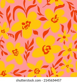 Abstract Hand Drawing Large Tropical Poppy Retro Flowers and Leaves Seamless Vector Pattern Isolated Background