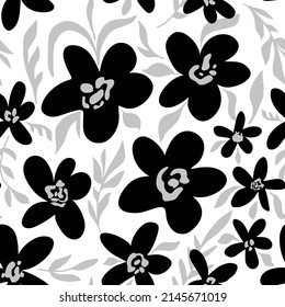 Abstract Hand Drawing Large Tropical Poppy Retro Flowers and Leaves Seamless Vector Pattern Isolated Background