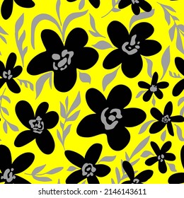 Abstract Hand Drawing Large Tropical Poppy Retro Flowers and Leaves Seamless Vector Pattern Isolated Background