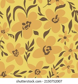 Abstract Hand Drawing Large Tropical Poppy Retro Flowers and Leaves Seamless Vector Pattern Isolated Background
