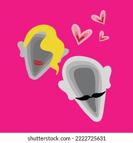 Abstract Hand Drawing Layered Man and Woman Face Silhouettes with Hearts Pop Art Placement Print Vector Pattern Isolated Background