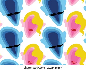 Abstract Hand Drawing Layered Man and Woman Faces Silhouettes Pop Art Seamless Vector Pattern Isolated Background