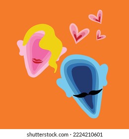 Abstract Hand Drawing Layered Man and Woman Face Silhouettes with Hearts Pop Art Placement Print Vector Pattern Isolated Background