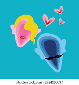 Resumen de dibujos a mano en capas hombre y mujer enfrentan siluetas con corazón colocación de arte pop patrón vector de impresión fondo aislado