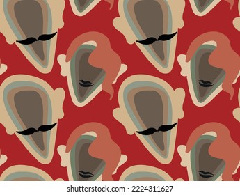 Abstract Hand Drawing Layered Man and Woman Faces Silhouettes Pop Art Seamless Vector Pattern Isolated Background