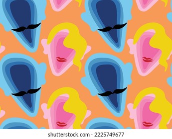 Abstract Hand Drawing Layered Man and Woman Faces Silhouettes Pop Art Seamless Vector Pattern Isolated Background