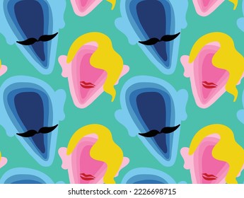 Abstract Hand Drawing Layered Man   Woman Faces Silhouettes Pop Art Seamless Vector Pattern Isolated Background