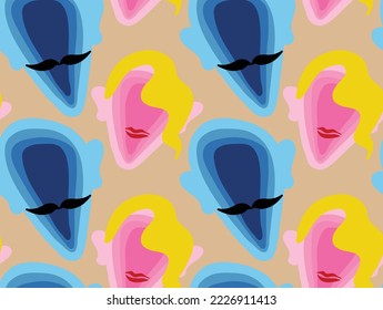 Resumen de dibujo a mano en capas hombre y mujer enfrenta siluetas pop arte patrón vectorial transparente fondo aislado
