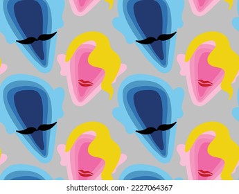 Resumen de dibujo a mano en capas hombre y mujer enfrenta siluetas pop arte patrón vectorial transparente fondo aislado