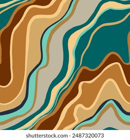 Abstract Hand Drawing Layered Wavy Liquid Fluid Marble Stripes Lines Seamless Vector Pattern Isolated Background