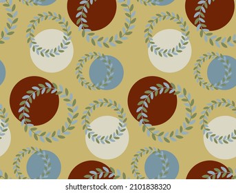 Abstract Hand Drawing Leaf Circles and Large Dots Seamless Vector Pattern Isolated Background