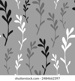 Abstract Hand Drawing Leaves Branches Sketch Seamless Vector Pattern Isolated Background