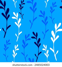 Abstract Hand Drawing Leaves Branches Sketch Seamless Vector Pattern Isolated Background
