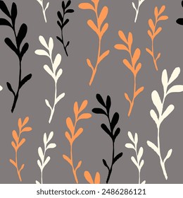 Abstract Hand Drawing Leaves Branches Sketch Seamless Vector Pattern Isolated Background