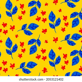 Abstract Hand Drawing Leaves and Ditsy Flowers Seamless Vector Pattern Isolated Background