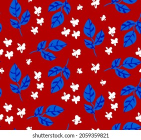 Abstract Hand Drawing Leaves and Ditsy Flowers Seamless Vector Pattern Isolated Background