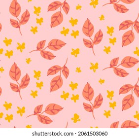 Abstract Hand Drawing Leaves and Ditsy Flowers Seamless Vector Pattern Isolated Background