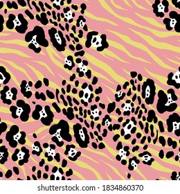 Abstract Hand Drawing Leopard Cheetah Skin Shapes Repeating Vector Pattern with Zebra Stripes Background