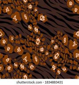 Abstract Hand Drawing Leopard Cheetah Skin Shapes Repeating Vector Pattern with Zebra Stripes Background