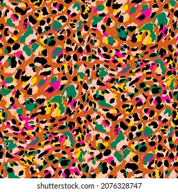 Abstract Hand Drawing Leopard Cheetah Jaguar Animal Skin with Stains Splatters Pebbles Seamless Vector Pattern Isolated Background 