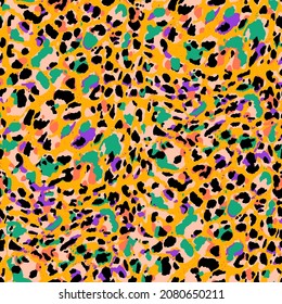 Abstract Hand Drawing Leopard Cheetah Jaguar Animal Skin with Stains Splatters Pebbles Seamless Vector Pattern Isolated Background 