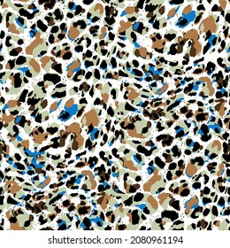 Abstract Hand Drawing Leopard Cheetah Jaguar Animal Skin With Stains Splatters Pebbles Seamless Vector Pattern Isolated Background 