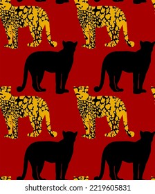 Abstract Hand Drawing Leopard Cheetah Panther Animals Silhouettes Seamless Vector Pattern Isolated Background 
