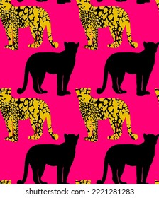 Abstract Hand Drawing Leopard Cheetah Panther Animals Silhouettes Seamless Vector Pattern Isolated Background 
