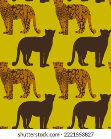 Abstract Hand Drawing Leopard Cheetah Panther Animals Silhouettes Seamless Vector Pattern Isolated Background 