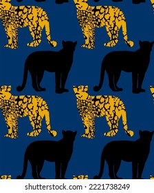 Abstract Hand Drawing Leopard Cheetah Panther Animals Silhouettes Seamless Vector Pattern Isolated Background 