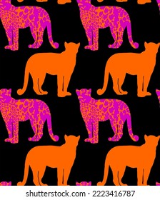 Abstract Hand Drawing Leopard Cheetah Panther Animals Silhouettes Seamless Vector Pattern Isolated Background 