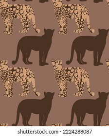 Abstract Hand Drawing Leopard Cheetah Panther Animals Silhouettes Seamless Vector Pattern Isolated Background 