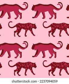 Abstract Hand Drawing Leopard Cheetah Panther Animals Silhouettes Seamless Vector Pattern Isolated Background 