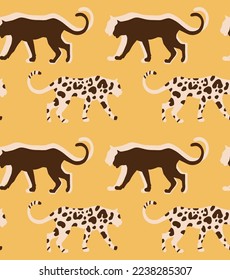 Abstract Hand Drawing Leopard Cheetah Panther Animals Silhouettes Seamless Vector Pattern Isolated Background 