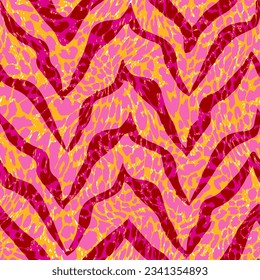 Abstract Hand Drawing Leopard Cheetah Animal Skin Shapes with Zigzag Zebra Stripes Seamless Vector Pattern Isolated Background