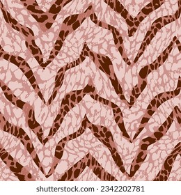 Abstract Hand Drawing Leopard Cheetah Animal Skin Shapes with Zigzag Zebra Stripes Seamless Vector Pattern Isolated Background