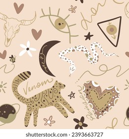 Abstract Hand Drawing Leopard Heart Eye Planet Flower Cow Skull Snake Star and Geometric Shapes Doodle Seamless Retro Vector Textile Pattern Isolated Background