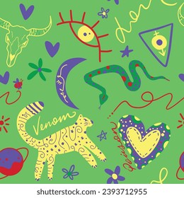 Abstract Hand Drawing Leopard Heart Eye Planet Flower Cow Skull Snake Star and Geometric Shapes Doodle Seamless Retro Vector Textile Pattern Isolated Background